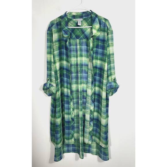 Catherines Featherweight Plaid Tunic Duster Button Front Blue Green Size 3X - Picture 3 of 11